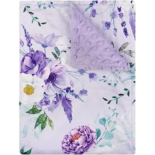 Baby Blankets for Girls Boys Soft Plush Minky Blanket 30x40 Inches with Double Layer Dotted Backing for Toddler Newborn, Purple Baby Crib Blanket for Nursery, Baby Car Seat, Pet, Floral
