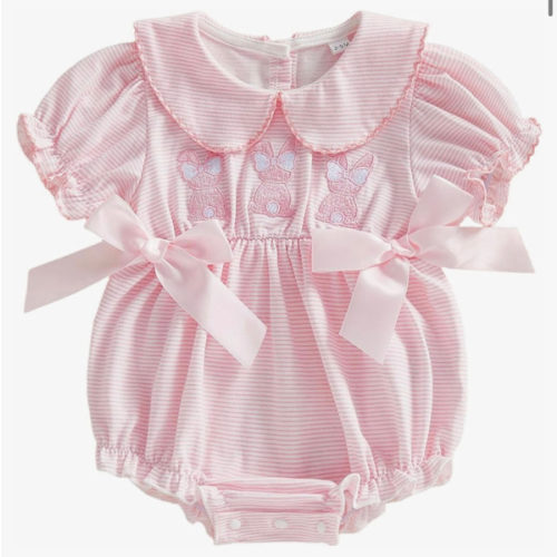 Adobabirl My First Halloween Baby Girl Outfit Ghost Embroidery Bubble Romper Short Sleeve Bow Jumpsuit Smocked Clothes