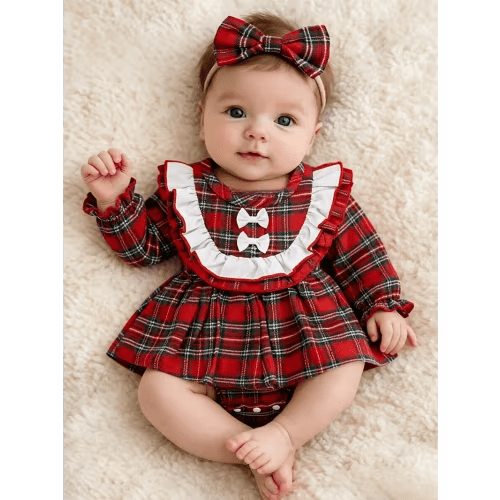 newborn baby 2pcs christmas outfit set red tartan long - Temu