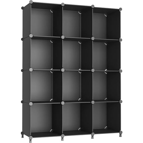 AWTATOS Cube Storage Organizer Closet Storage Shelves DIY Stackable Plastic Storage 12 Cube Bookshelf, Ideal Storage Organizer for Closet, Home, Bedroom, Black