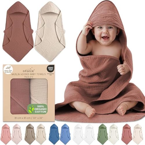 100% Organic Cotton Muslin Baby Hooded Towels 32x32 Inch – 2 Pack Soft & Absorbent Baby Towels with Hood for Boys & Girls, Premium Hooded Towels, Gentle Baby Essentials in Deep Blue/Aquarius