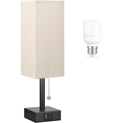 aooshine Small Linen Bedroom Lamp - 3 Color Temperature 3000K 5000K 4000K Bedside Lamp, Pull Chain Control, USB A and C Charging Ports, Black Base, for Kids Office Dorm, Bulb Included