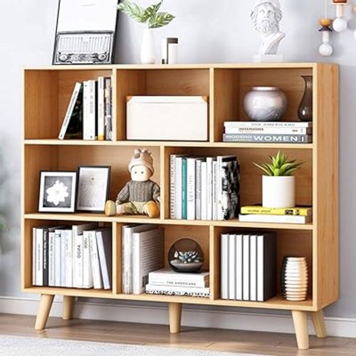 IOTXY Wooden Open Shelf Bookcase - 3-Tier Floor Standing Display Cabinet Rack with Legs, 8 Cubes Bookshelf, Pear Yellow