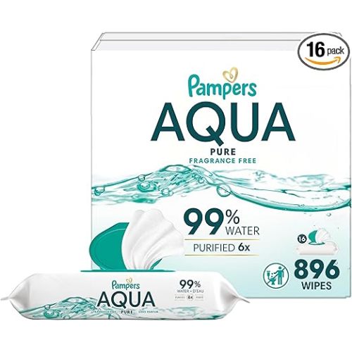 Pampers Aqua Pure Baby Wipes, 99% Water, Fragrance Free, 896 Baby Wipes Total (16X Flip-Top Packs) [Packaging May Vary]
