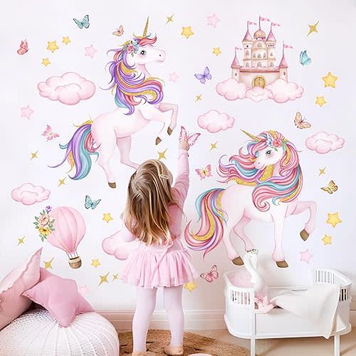 Tanlaby Large Unicorn Wall Decals Unicorn Castle Wall Stickers with Butterflies Clouds Star Peel and Stick Wall Art Decals for Baby Nursery Girls Bedroom Daycare Decor