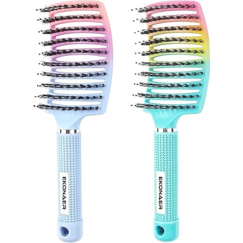 2 Pack Detangling Brush Getting Knots Out without Pain Adds Shine and Makes Hair Smooth,Detangler Boar Bristle Hair Brush for Adult & Kids Wet or Dry Hair(Green&Blue)