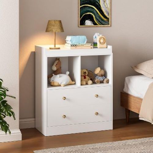 Coucheta Baby Changing Table with Pad, 2 Drawers & 2 Open Shelves, Modern White Diaper Station for Nursery & Bedroom