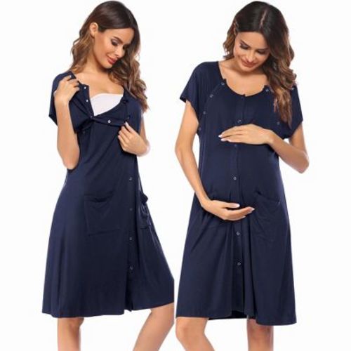 Ekouaer 3 in 1 Labor/Delivery/Hospital Gown Nursing Dress Maternity Nightgown Sleepwear for Breastfeeding with Button Navy Blue M