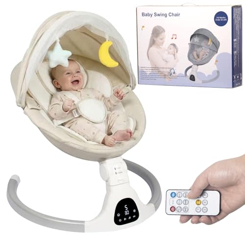 JFOVMCYG Electric Baby Swing for Infants 0-9 Months, Portable Infant Swing with 5 Swing Speeds, Bluetooth Audio, Remote Control, Washable Seat Cover, Lvory White, Up to 20 lbs