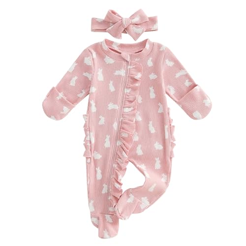 Xiaodriceee Newborn Baby Girl Valentines Outfit Ruffle Heart Print Romper Waffle Jumpsuit Coming Home Outfit