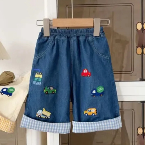 Toddler Embroidered Car Plaid Loose Shorts