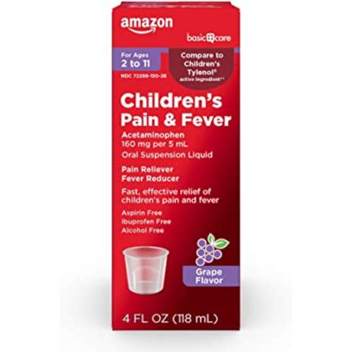 Amazon Basic Care Children's Acetaminophen 160 mg per 5 mL Oral Suspension, Grape Flavor, Pain Reliever and Fever Reducer for Headache, Sore Throat and Toothache, 4 fl oz (Pack of 1)