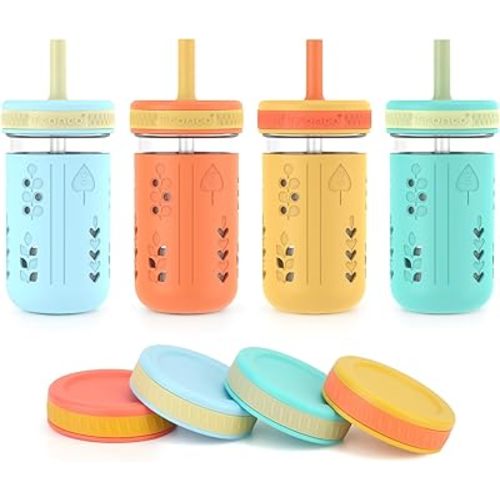 Tronco 12 oz Glass Sippy Cup for Kids & Toddlers | Mason Jar Smoothie Cups with Spill-Proof Silicone Straws, Non-Slip Silicone Sleeves & Lids, BPA-Free Snack Cups, Dishwasher Safe