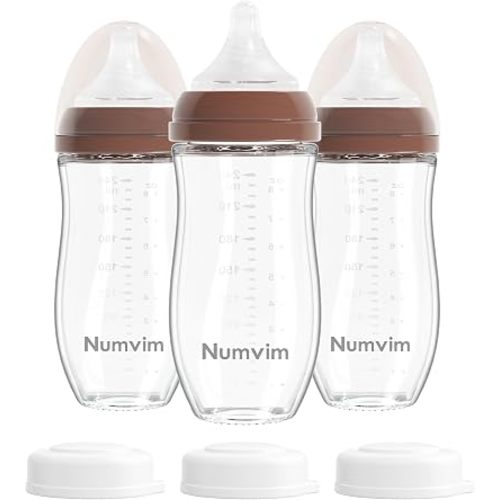 Natural Glass Baby Bottles Gentle & Slow Flow, Newborn Breastfeeding Bottle with Anti Colic Nipple for 0 Months Babies, 3 Packs (Brown (8 Ounce), 1 Count (Pack of 3))