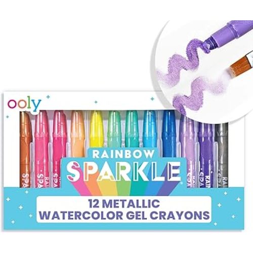 Ooly Rainbow Sparkle Metallic Watercolor Gel Crayons, Set of 12, Glitter Gel Markers for Kids and Toddlers, Colorful Twistable Crayons for Drawing - Metallic