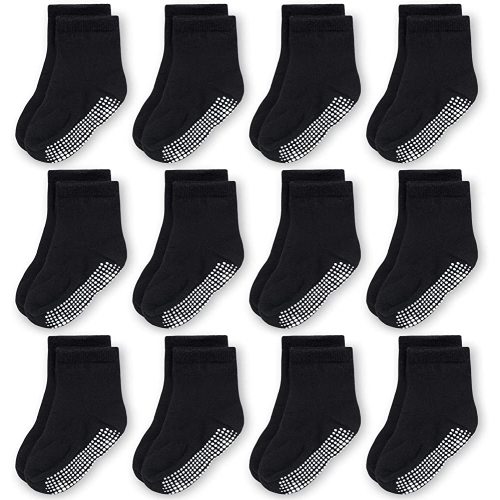 Baby Anti Slip Crew Socks 12 Pack with Grips for Toddlers Little Boys Girls Infants Kids Non Skid Sox