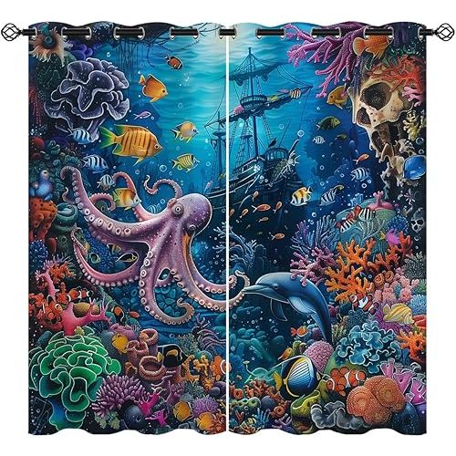 Ocean Underwater World Blackout Curtains for Girls Boy Home Decor, Colorful Fish Octopus Pirate Grommet Thermal Insulated Drapes Darkening Window Curtain for Bedroom Living Room, 55 x 63 Inch