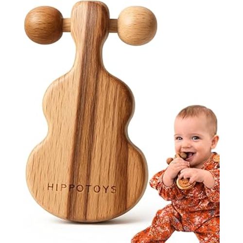 Baby Rattle Wooden Teether Baby Teething Toys - Wooden Baby Toys Sensory - Montessori 0-12 Months, CPSIA Certified, BPA Free No Paint No Plastic, Natural Wood