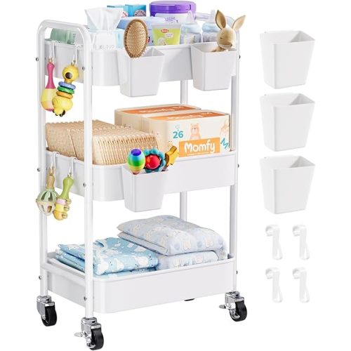 Diaper Cart Organizer with Wheels, 3 Tier Rolling Bedside Cart for Baby Essentials, Baby Organizers and Storage Diaper Caddy Carts for Changing Table, Crib, Bedroom, Newborn Nursery Supplies, White
