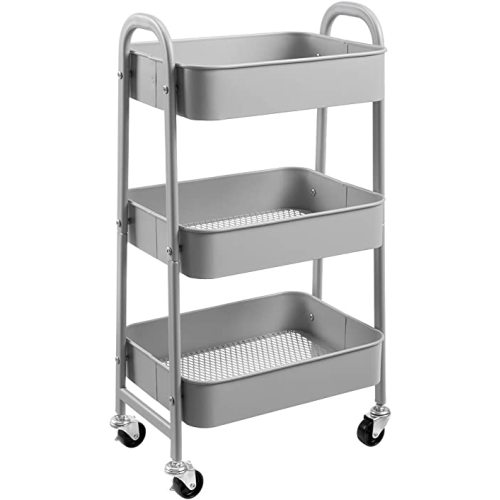 AGTEK Makeup Cart, Movable Rolling Organizer Cart, 3 Tier Metal Utility Cart, Grey
