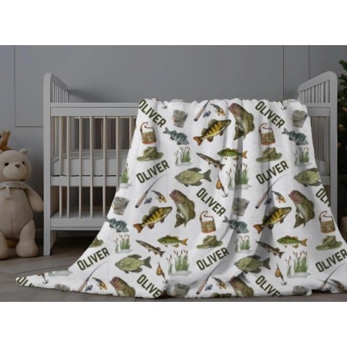Custom Fishing Swaddle Personalized Baby Blanket Fishing Nursery Decor Baby Name Blanket Bass Fishing Infant Gift Boy Blanket with Name