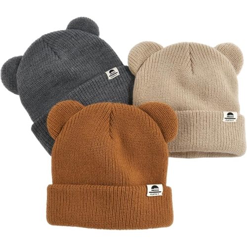 FURTALK Baby Beanie Winter Hat with Bear Ear for Infant Toddler Boys Girls Soft Knitted Skull Cap Dark Grey+Khaki+Caramel 0-6 Months