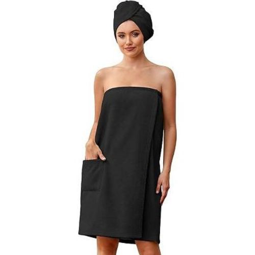 Ekouaer Towel Wrap for Women with Hair Towel Lightweight Knee Length Spa Body Bath Adjustable Closure Bathrobe with Pocket Black L