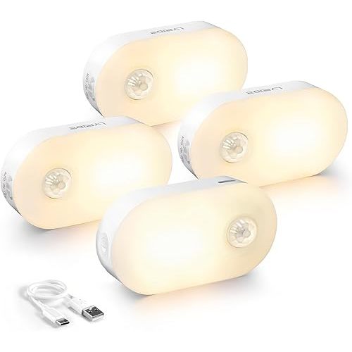 Lyridz Rechargeable Battery Night Light with Motion Sensor, Stick on Anywhere, 1-20LM Dimmable LED Nightlights for the Bedroom, Bathroom, Living Room, Kitchen, Stairs, Hallway, 4-Pack