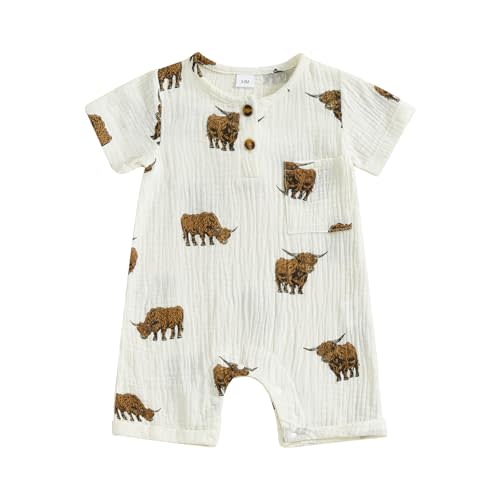 Chloefairy Newborn Baby Boy Western Clothes Highland Cow Romper Short Sleeve Cotton Linen Jumpsuit Cowboy Summer Outfit