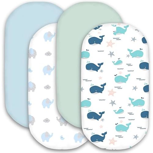 Little Grape Land Bassinet Sheets for Baby Boys 4 Pack, 33"x 18" Extra Soft Microfiber Bassinet Sheet Universal for Oval Rectangle and Hourglass Bassinet Mattress(Whale)
