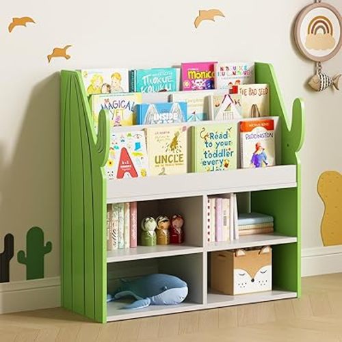 BVIUNTWO Cactus Kids Bookshelf and Toy Storage Organizer, 3-Tier Wooden Montessori Bookcase with Open Storage Cubbies, Toddler Picture Book Display Shelf for Nursery, Playroom & Classroom
