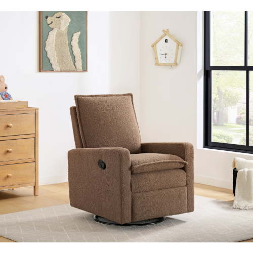 Open Box Soho Baby Coventry Upholstered Glider Recliner Rocking Chair 360° Swivel for Nursery and Living Room – Boucle Teddy Brown​