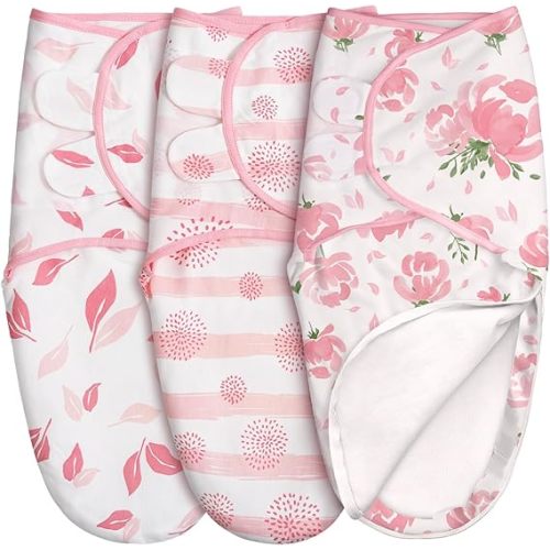 GLLQUEN BABY Baby Swaddle Sleep Sacks with Zipper - 3-Pack Newborn Swaddling Sack, Baby Swaddles Sleep Sack 0-3 Months,Pink Floral or Leaves, Swaddling Blankets 3 Pack Wrap Set, Easy Change Swaddle