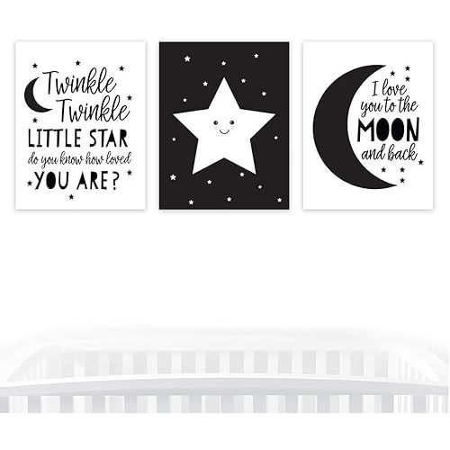 Andaz Press Nursery Kids Room Art Unframed Wall Art Poster Home Decor, 8.5x11-inch, Minimalist Scandinavian Black White, Twinkle Little Star, Love You to Moon and Back, 3-Pack, No Frames