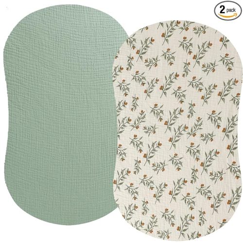 Muslin Bassinet Sheet Compatible with Halo Bassinest Swivel Flex Glide Premiere & Luxe Series Sleeper 2 Pack Cotton Stylish Boho Fitted Bassinet Sheets Super Soft for Baby Roman Green & Botanical Leaf
