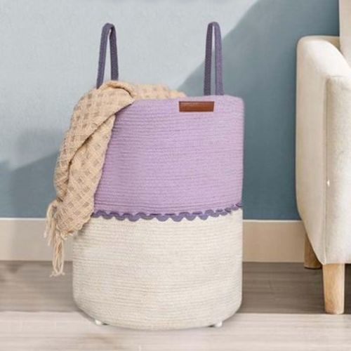 Folkulture Cotton Rope Laundry Basket 20 x 15 Inch - Soft Lilac