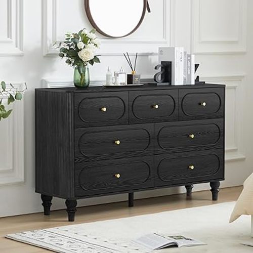 ORRD 7 Drawer Fluted Dresser for Bedroom, Mid Century Modern Chest of Drawers, Wood Storage Large Dresser Organizer for Bedroom Living Room Hallway Closet, Black