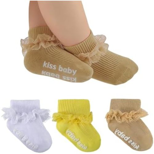 Baby Girl Ruffle Socks with Grips Turn Cuff Ankle Lace Frilly Dress Socks for Newborn/Infant/Toddler/Little Kids