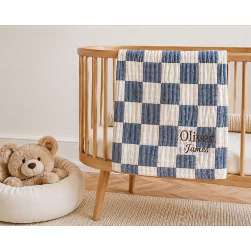Welcome Baby Boy Blanket, Personalized Baby Name Blanket, Baby Boy Gift, Newborn Boy Gift, Neutral Plaid Swaddle Blanket, Nursery Keepsake
