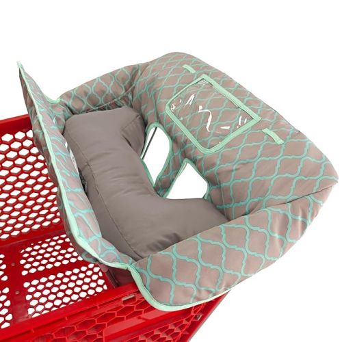 Soft Pillow Attached 2-in-1 Shopping Cart and High Chair Cover for Baby, Cotton Padded Cart Cover, Fold'n Roll Style, Portable with Carry Bag (Gray Grid)