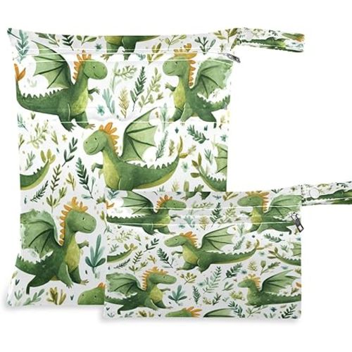 Kigai Cute Dragons Wet Bag with Zippered Pockets 2pcs Waterproof Reusable Wet Dry Bag for Cloth Diaper, Baby Items, Swimsuit & Travel