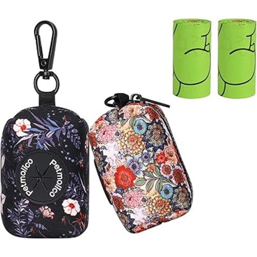 Petmolico Dog Poop Bag Holder Leash Attachment, Waste Bag Dispenser Zippered Pouch - 2 Pack, Fits Any Leash, Includes Free Roll of Bags, Boho Floral