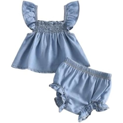 Baby Girl Denim Outfits Ruffle Sleeveless Top and Jeans Shorts Set Western Toddler Clothes Infant Cowgirl Outfit