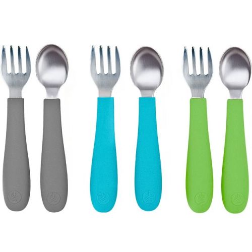 WeeSprout Toddler Utensils, 3 Forks & 3 Spoons, 18/8 Stainless Steel & Food Grade Silicone - Bright Blue, Green, Gray