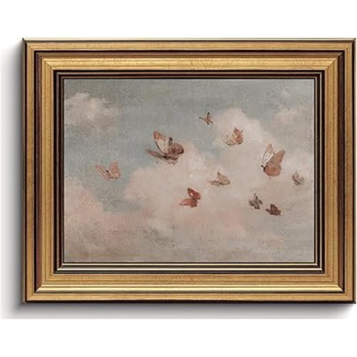 AYHSSMO Vintage Gold Framed Wall Art Pink Butterfly Wall Decor Cottagecore Canvas Art Cloud Pictures Nursery Paintings For Living Room Bedroom Corridor 8x10in