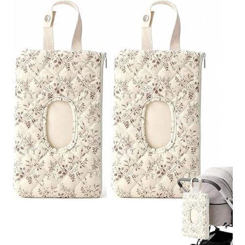 2PCS Quilted Baby Wipe Holder, Portable Refillable Diaper & Wipes Pouch with Lanyard, Quilted Reusable Bag for Travel Mommy Bag