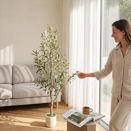 Faux Olive Tree, 5FT Artificial Olive Trees with Lifelike Olive Branches and Fruits, Fake Floor Plants with Pot for Indoor Home Office Living Room Outdoor Decor