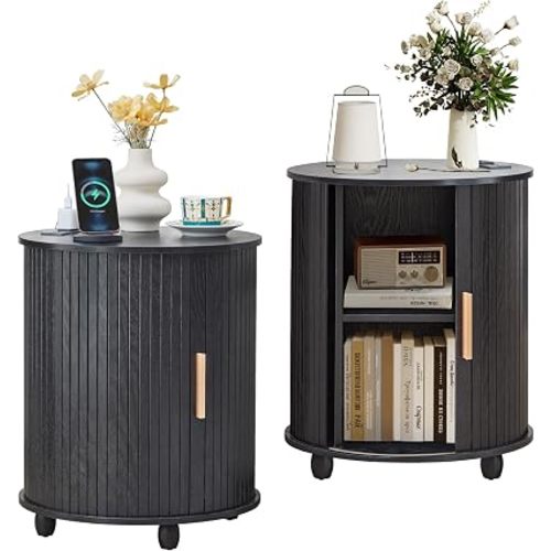 Set of 2 Fluted Round End Table with Charging Station, Small Farmhouse Sofa Side Table with Sliding Tambour Door & Storage, Mid-Century Wood Fulted Nightstands for Living Room, Bedroom (Black)