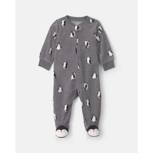 Baby Boy Penguin Fleece 2-Way Zip Sleep & Play Pajamas - Grey | Carter's
