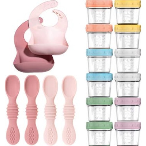 Glass Baby Food Storage Jars, Silicone Baby Spoons and Bibs Set